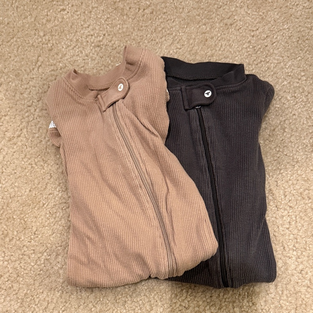 Burt's Bees Baby Neutral Tan and Dark Brown Ribbed Zipper onesies